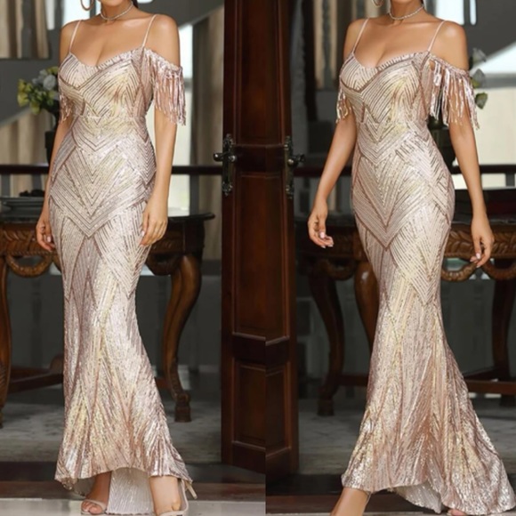 Luxe cold shoulder fringe hem partywedding bridesmaid wedding mermaid dress